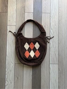 Chateau Y2K Brown Canvas Shoulder Bag with Argyle Patchwork